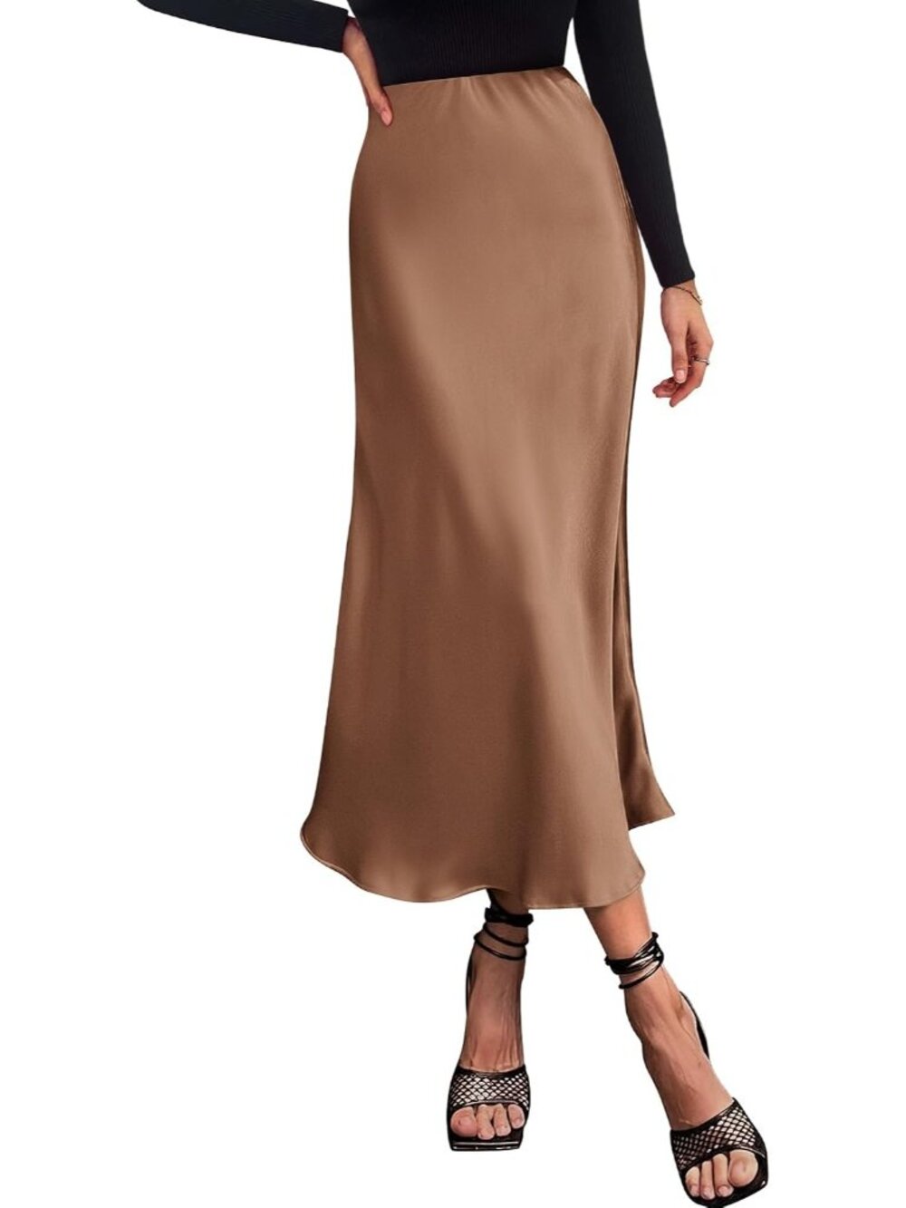 Women Coffee High Waist Satin A-Line Elegant Slip Bias Cut Flowy Long Midi Skirt